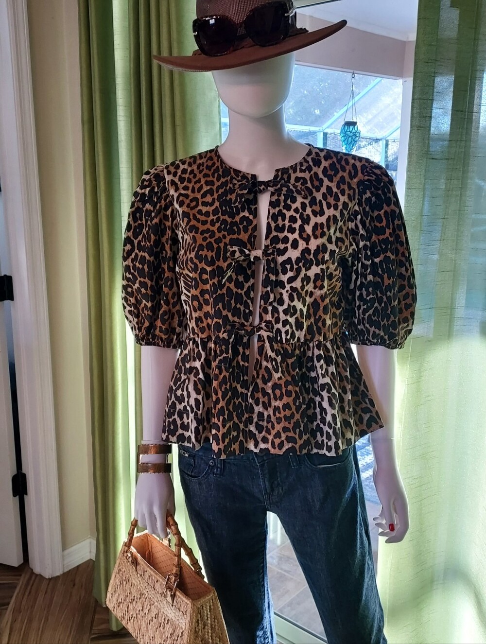 Leopard Print Tie-Front Peplum Crop Top - Brown/Black XS : NWT
